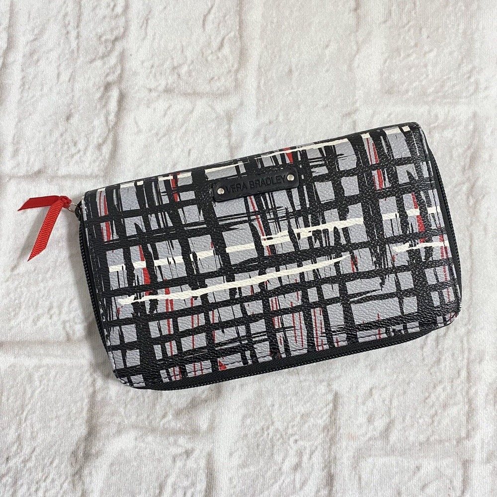 Vera Bradley Wallet Zip Around wallet Faux Pebbled Leather Gray Black Red Plaid